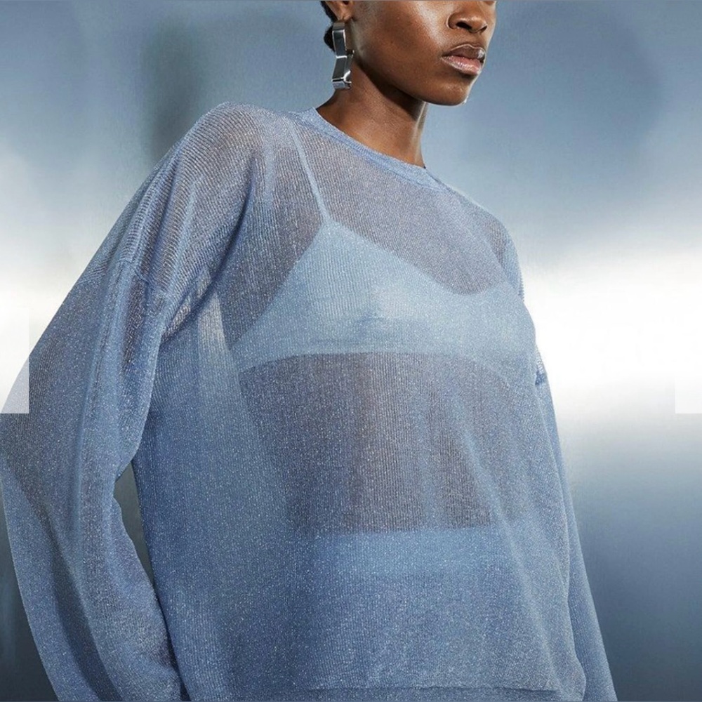Karen Millen Blue Semi-sheer Metallic Thread Knit Jumper Crewneck Sweater Size M